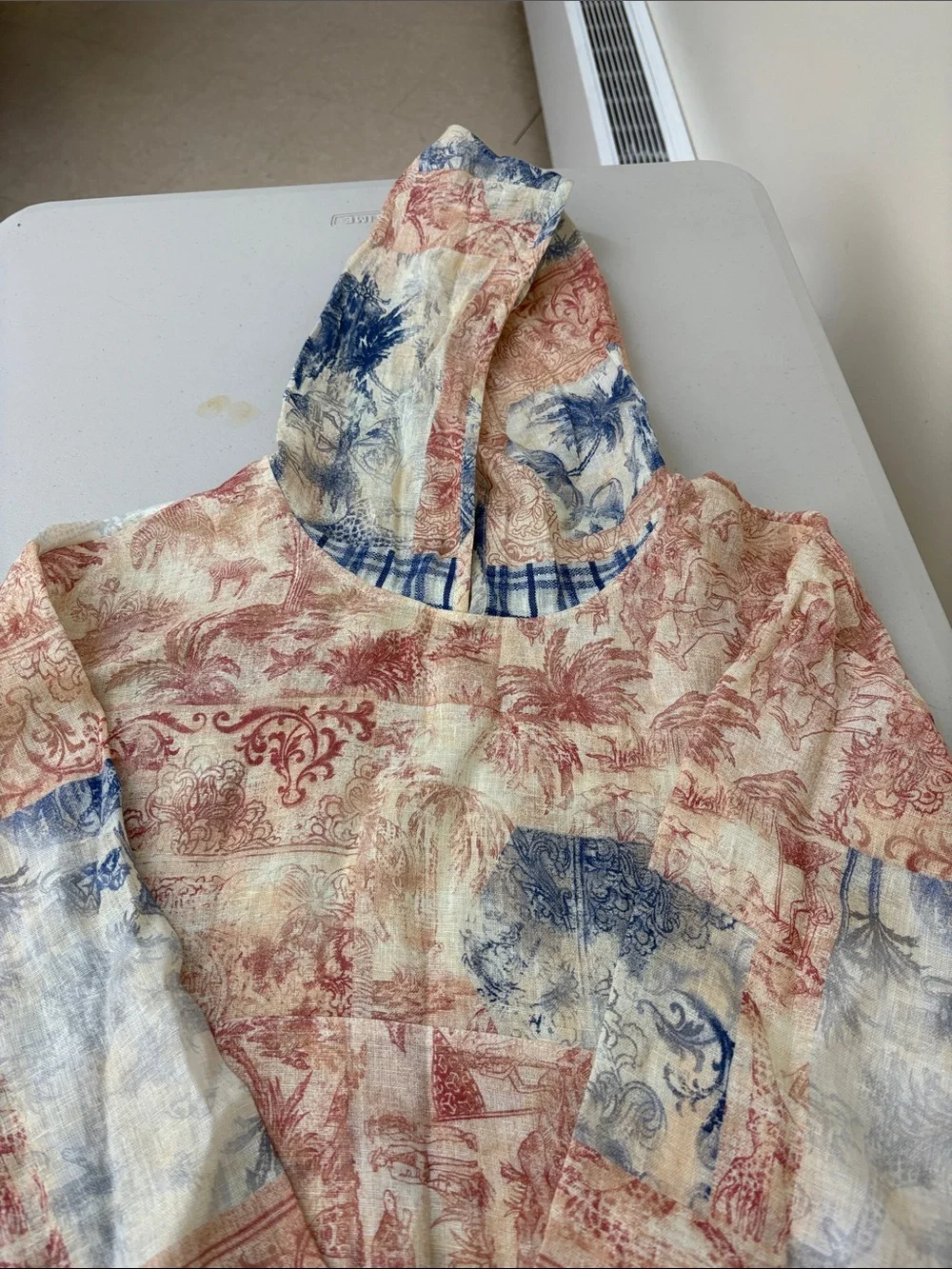 Tory Burch Patchwork Hooded Pullover in Blue, Red & Cream